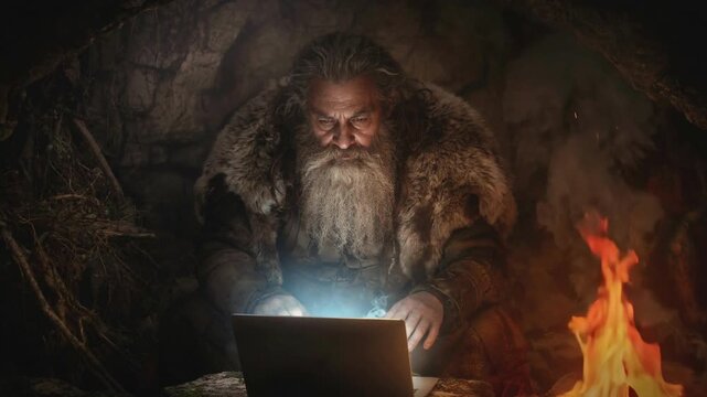 Bearded Wizard Working on a Glowing Laptop in a Dark Cave Setting for Fantasy Concept Art