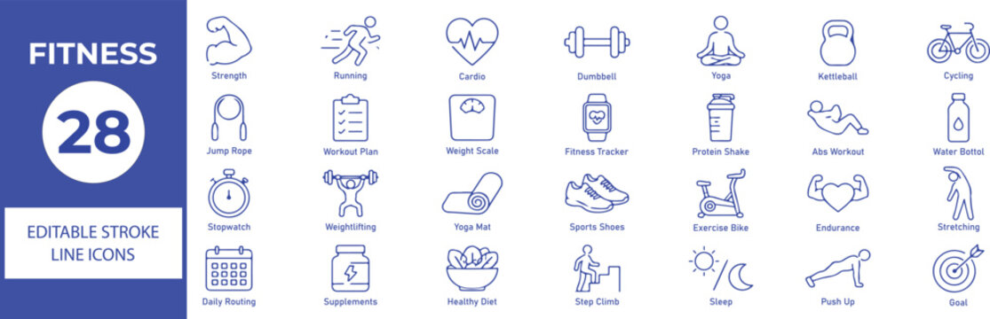Fitness Vector Outline Icons Set &ndash; Gym, Workout, Exercise, Sports and Healthy Lifestyle Line Symbols Collection