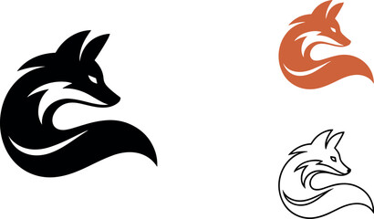 Fototapeta premium Minimalist abstract fox head logo icon set featuring sleek modern curved wildlife silhouettes in black orange and outline vectors