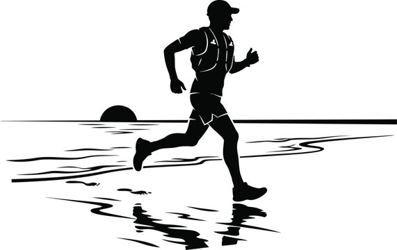 Silhouette of a running man at sunset on the beach with ocean waves