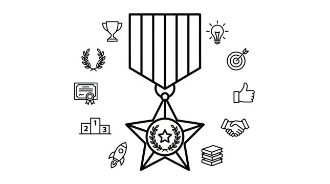 Achievement medal with business growth and recognition icons.