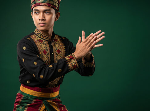 Young Gayo male dancer performing Saman dance hand gesture in traditional Acehnese costume in studio, Indonesian cultural heritage with copy space