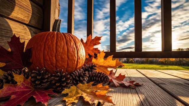 pumpkin with fall leaves and pine cones on wooden deck, autumn season, warm sunlight