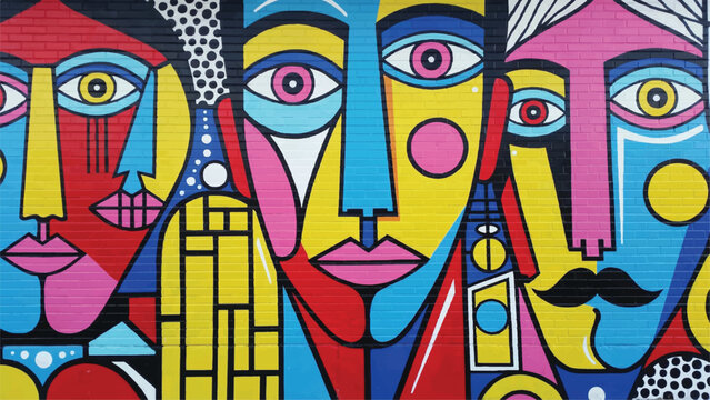 colorful abstract faces on brick wall in street art style with geometric shapes and vibrant colors
