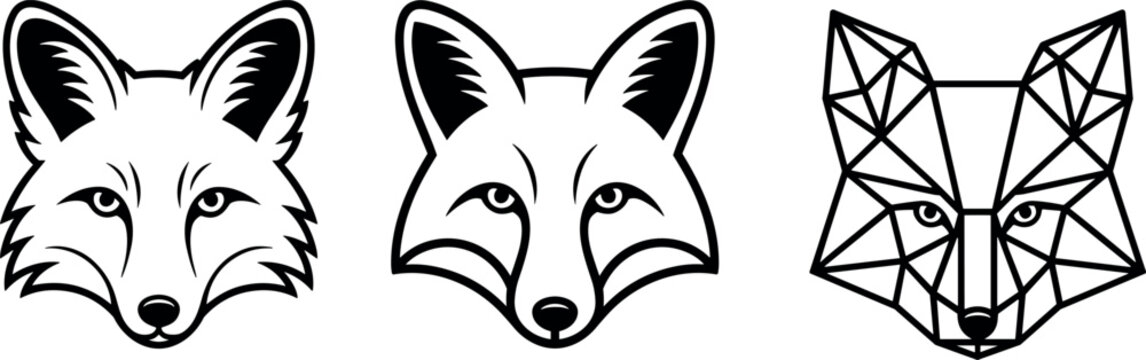 Fox head logo vector set featuring black and white geometric poly minimal and cartoon line art designs