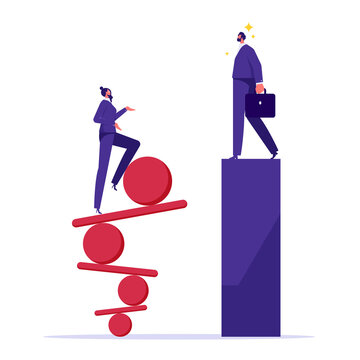 Stability and risk concept, balance and loss of control, businessman and businesswoman stand on stands, uncertainty and fragile company, different management style, confident and insecure person