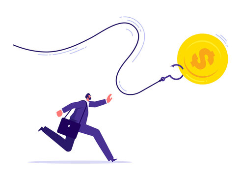 Motivation or incentives motivate employees concept, pursuit of reward or success, money bait and money trap, businessman running to catch money coin on fishhook