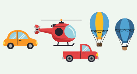 Naklejka premium Transportation Decoration Set with Cars Helicopter and Air Balloon Vector Symbols for Travel Traffic Road Design Illustration