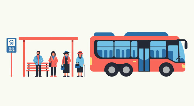 An illustration of people waiting for a bus at a bus stop, vector design