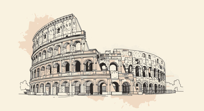 Hand-drawn ink illustration of the Colosseum in Rome, Italy. Detailed sketch of the ancient Roman amphitheater featuring classical tiered arches and stone facade on a neutral background.