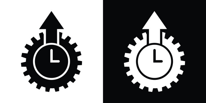 Time management icon featuring a clock face inside a gear with a rising arrow. Black and white minimalist vector symbolizing productivity and speed.