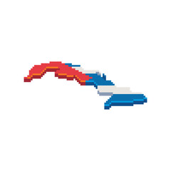 Fototapeta premium Pixel art map of Cuba featuring the national flag. Retro 8-bit country silhouette isolated on a white background, travel, geography, education, games, and creative design projects.