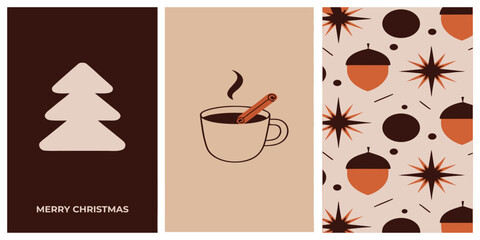 Abstract retro 70s winter cozy vector card set with minimal Christmas tree, hot cinnamon tea mug, acorn seamless pattern, and Merry Christmas text. © Shofikul islam