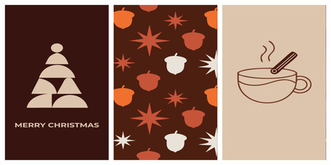 Abstract retro 70s winter cozy vector card set with geometric Christmas tree, acorn seamless pattern, hot tea mug, and Merry Christmas text. © Shofikul islam