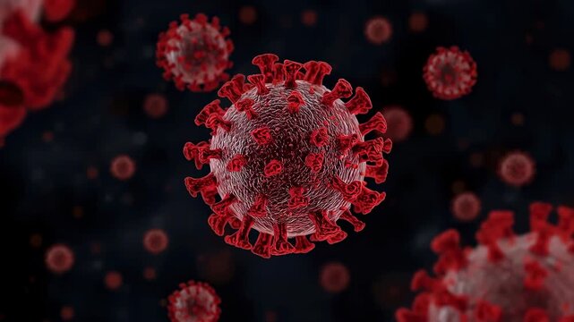 Red microscopic pathogen spike protein particle red virus particle close up with dark background