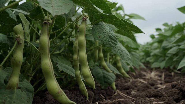 Detailed close up view of ripening green bean pods hanging from lush plants in a large agricultural field, showcasing a bountiful harvest and modern farming practices for healthy food production