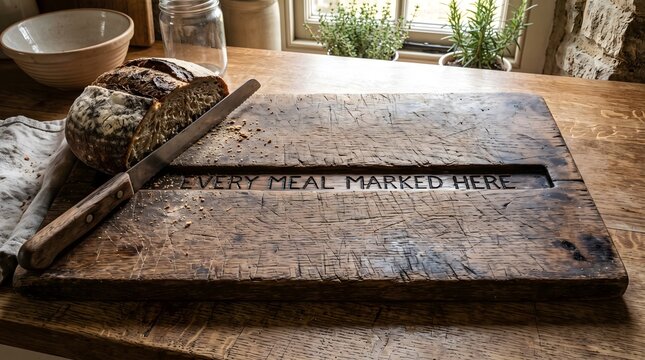 Rustic Wooden Breadboard with Engraved Quote Every Meal Marked Here, Sourdough Loaf and Bread Knife, Symbolizing Family History and Tradition in a Warm Sunlit Kitchen