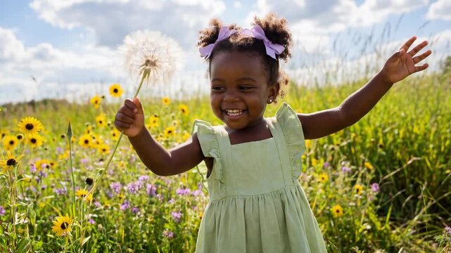 Cheerful african american toddler girl laughing with joy and holding a large dandelion puff while standing in a beautiful sunlit field of wildflowers, celebrating the innocence of childhood