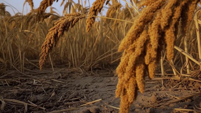 Ripe millet stalk bending over the dry soil in a large agricultural field, with the warm, golden light of sunset illuminating the scene. The plant is ready for harvesting and processing