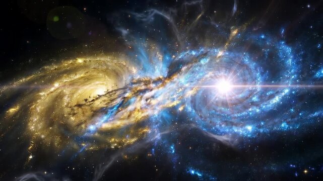 Celestial event featuring two colliding spiral galaxies, their gravitational forces creating a stunning bridge of stars, gas, and dust across the cosmic expanse of a starlit universe