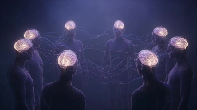 Abstract visualization of collective consciousness, showing human figures with glowing brains connected by energy threads, illustrating concepts of shared knowledge, telepathy, and group thinking