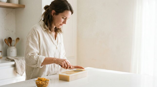 A young Caucasian woman with brown hair prepares food in a bright kitchen. She is focused on cutting a block of cheese on a white countertop.