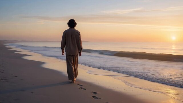 Lonely man walking barefoot along the wet sand of a deserted beach at sunrise, leaving footprints behind as he enjoys the solitude and the tranquil golden light reflecting on the calm sea