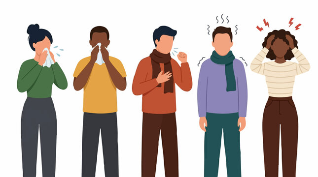 People with flu and cold symptoms: sneezing, coughing, chills, and headache