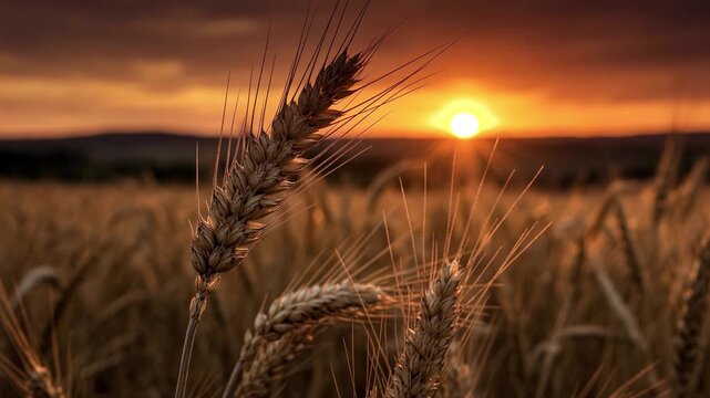 Golden wheat ears swaying gently in the summer breeze against a warm, idyllic sunset. Beautiful agricultural landscape scene showing ripe crops ready for harvest in a peaceful countryside setting