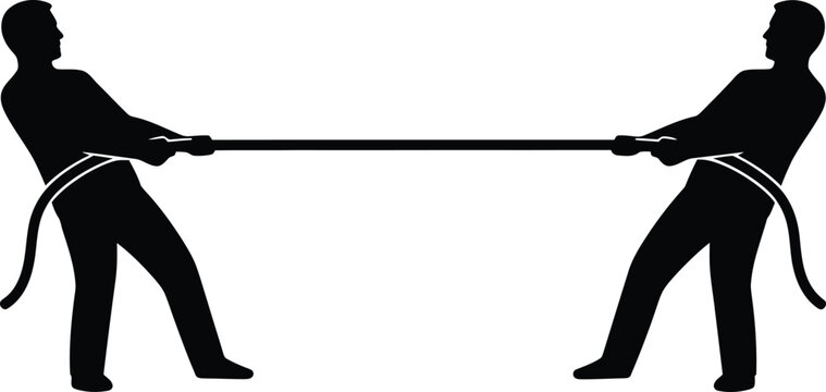 Black silhouette of two men playing tug of war game