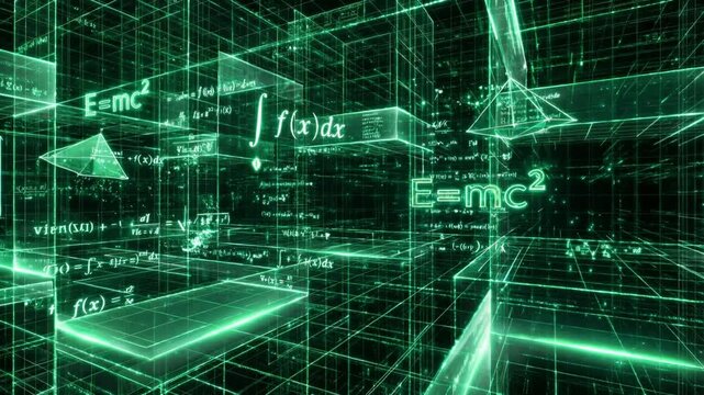 Luminous green mathematical equations and physics formulas floating through a digital wireframe grid, illustrating concepts of science, education, technology, and quantum mechanics in cyberspace