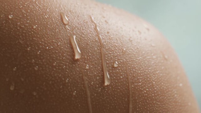 Macro shot of wet human skin with goosebumps, where glistening drops of water slowly trickle down the surface, representing body care, hydration, and the feeling of refreshment