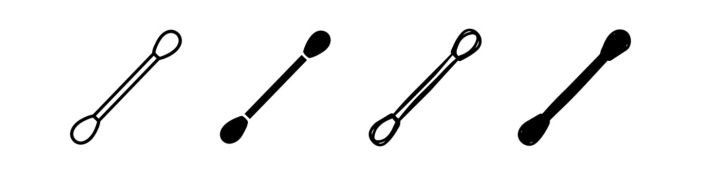 Set of four minimalist cotton swab icons in outline, solid, and hand-drawn styles. Ideal for hygiene, beauty, and medical use.