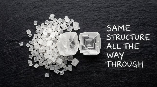 Crystals of sea salt in various sizes on a slate background showing internal geometric structure with text Same structure all the way through illustrating molecular consistency.