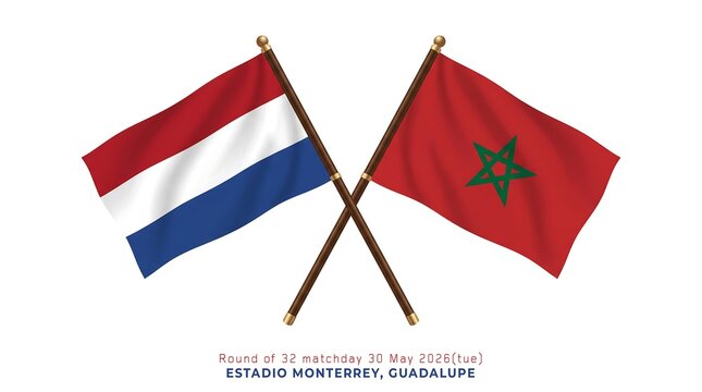 Close-up of crossed flags of Netherlands and Morocco on wooden sticks with country names