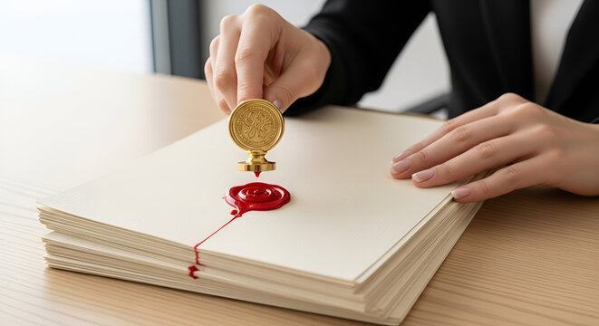 Woman's hand stamping a wax seal on official documents