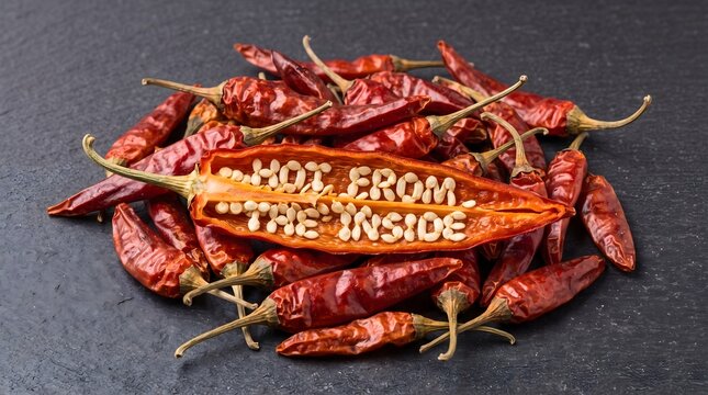 Conceptual food photography of a pile of dried red chili peppers with one sliced open revealing the message "HOT FROM THE INSIDE" spelled out in seeds on a dark slate background.