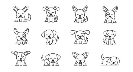 Fototapeta premium Set of twelve minimalist puppy dog line art icons featuring various breeds and expressions such as winking, sleeping, and sitting, isolated on a white background for web and app design.