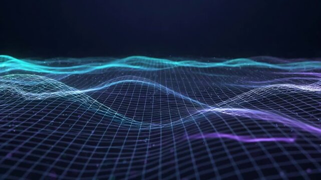 Abstract retro background of a glowing digital landscape with a waving grid and particles moving towards the camera. Looped animation represents a journey through a virtual reality world