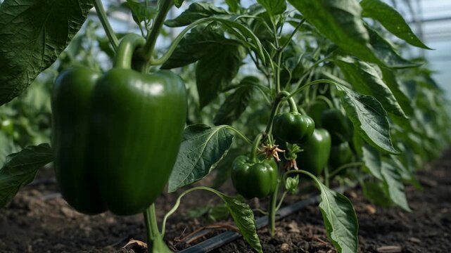 Green bell peppers ripening on the vine in a large, modern greenhouse with drip irrigation, showcasing a lush row of healthy vegetable plants ready for harvest in an agricultural setting