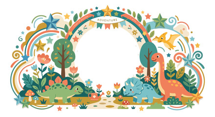 A whimsical illustration of cute dinosaurs, a rainbow, and stars surrounding a blank circular frame in a magical prehistoric landscape. © Regina