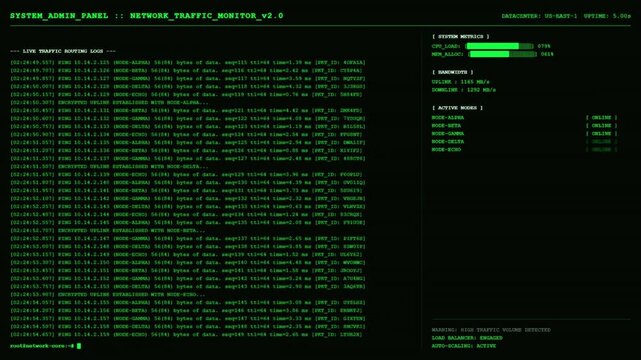 System Admin Panel Network Traffic Monitor Ping Routing Dashboard Animation Green Linux Loop.