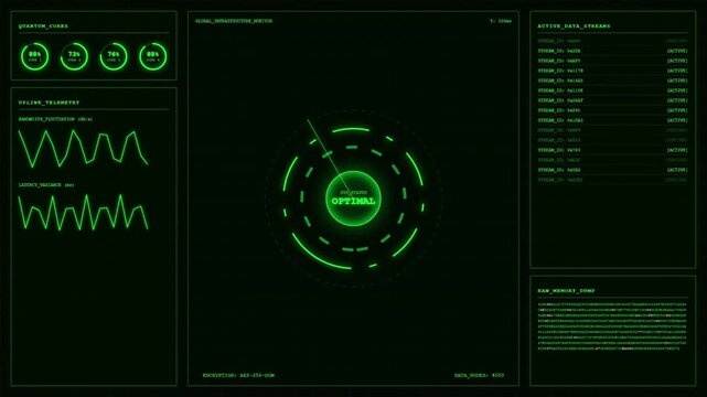 Quantum Cores Global Infrastructure Monitor Active Data Streams Dashboard Animation Green Loop.