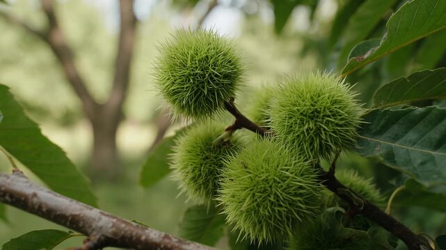 Close up of several spiky, unripe green chestnuts hanging from a tree branch in a lush forest, gently moving in the breeze with a soft focus background of leaves and tree trunks