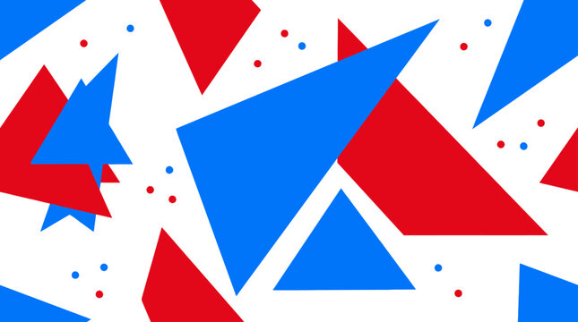 Abstract geometric shapes red and blue triangles with scattered circles