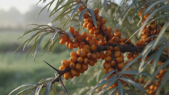 Golden light of sunrise illuminating a branch of sea buckthorn covered with ripe orange berries and sharp thorns, with a soft focus green meadow background on a misty autumn morning