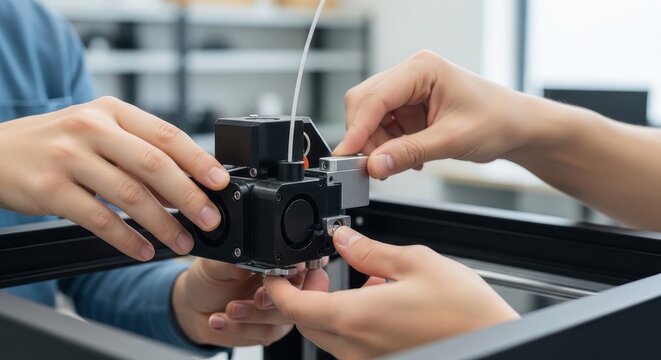 Technicians performing maintenance on a 3D printer print head