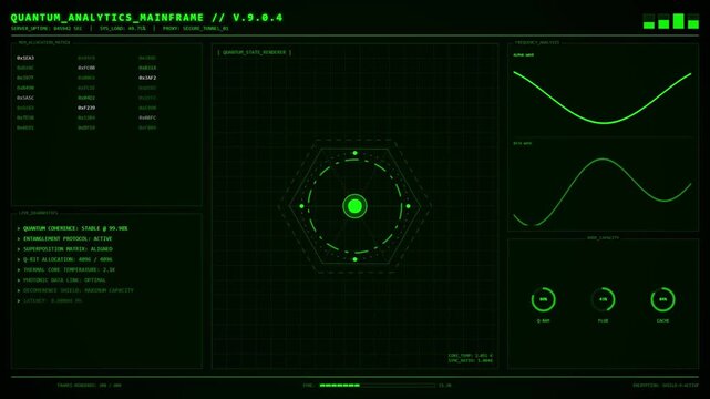 Quantum Analytics Mainframe Hexagon State Renderer Frequency Wave Dashboard Animation Green Loop.