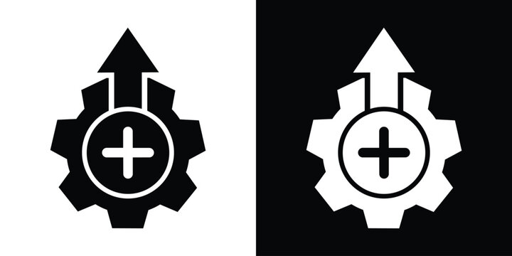 Minimalist vector icon showing a gear with an upward arrow and a plus sign inside a circle. Black and white vector set for business growth.