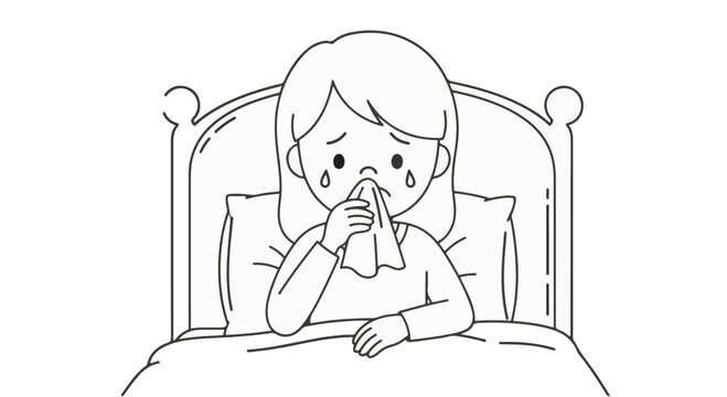 Minimalist black and white line art vector illustration of a young girl sitting in bed crying and blowing her nose with a tissue, feeling sick or sad, simple cartoon style.